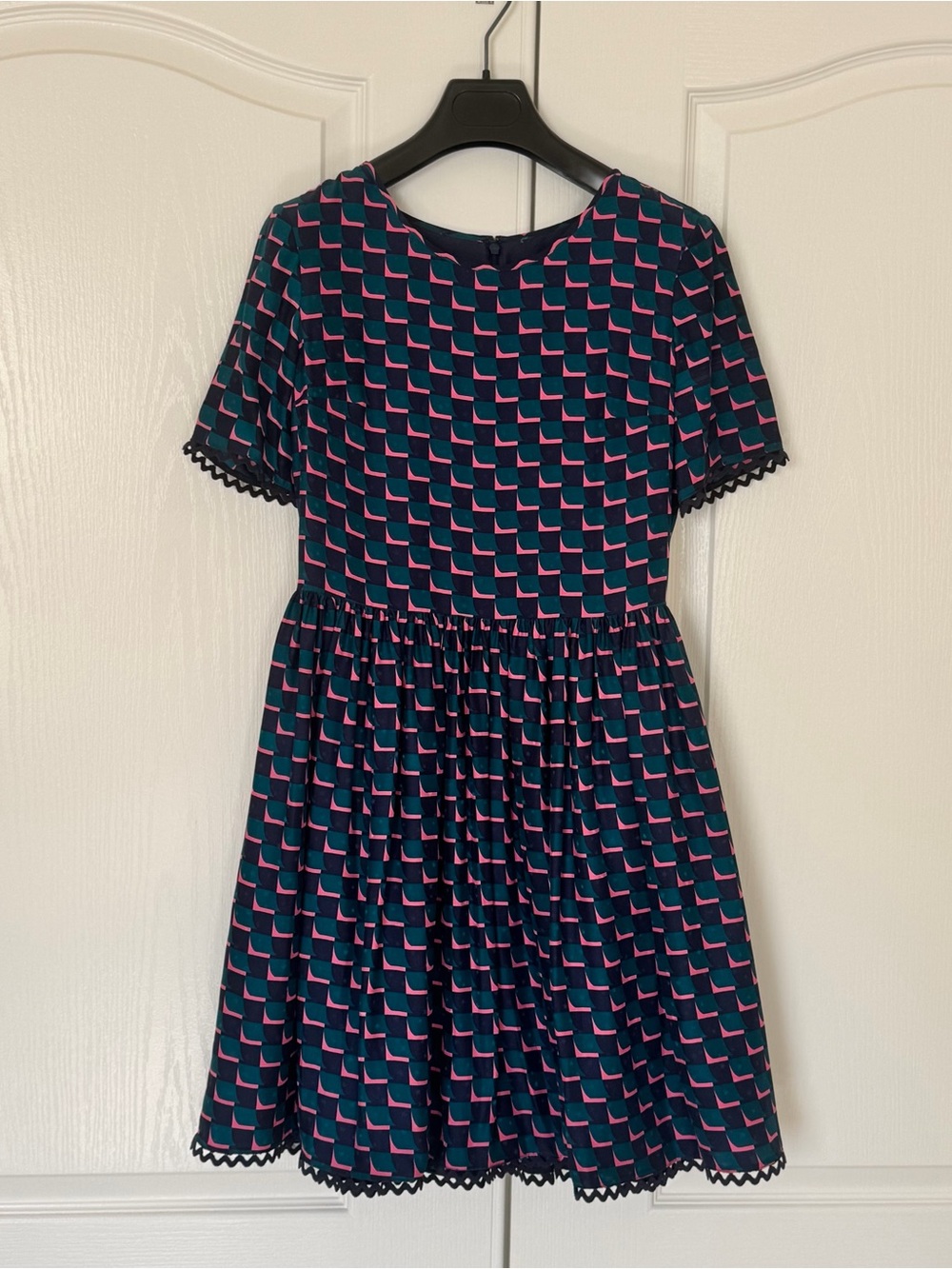 Kenzo Silk Jacquard Dress - Midnight Blue with Pink & Teal Geometric Print FR 36